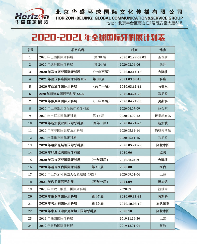 無聯系方式2020-2021年全球國際牙科展計劃表-華盛