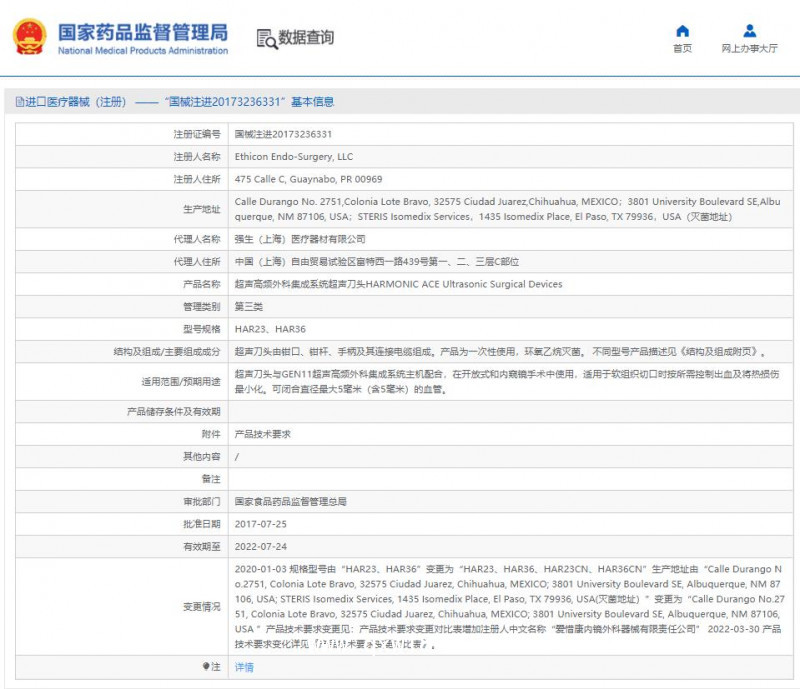 強生愛惜康 超聲高頻外科集成系統超聲刀頭HAR23、HAR36